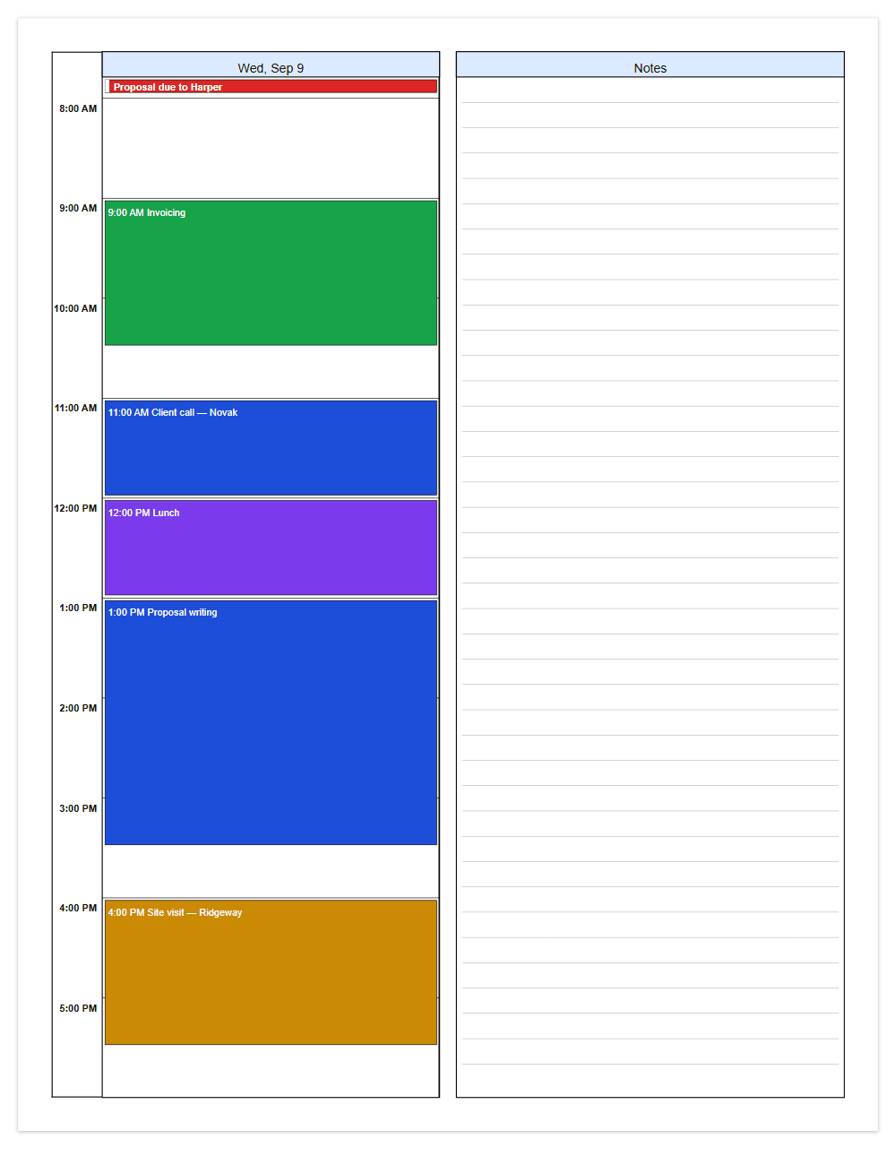 A single-day schedule with a ruled notes column alongside the appointments