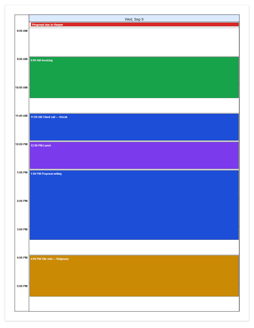 A single-day schedule showing appointments hour by hour with an all-day deadline banner
