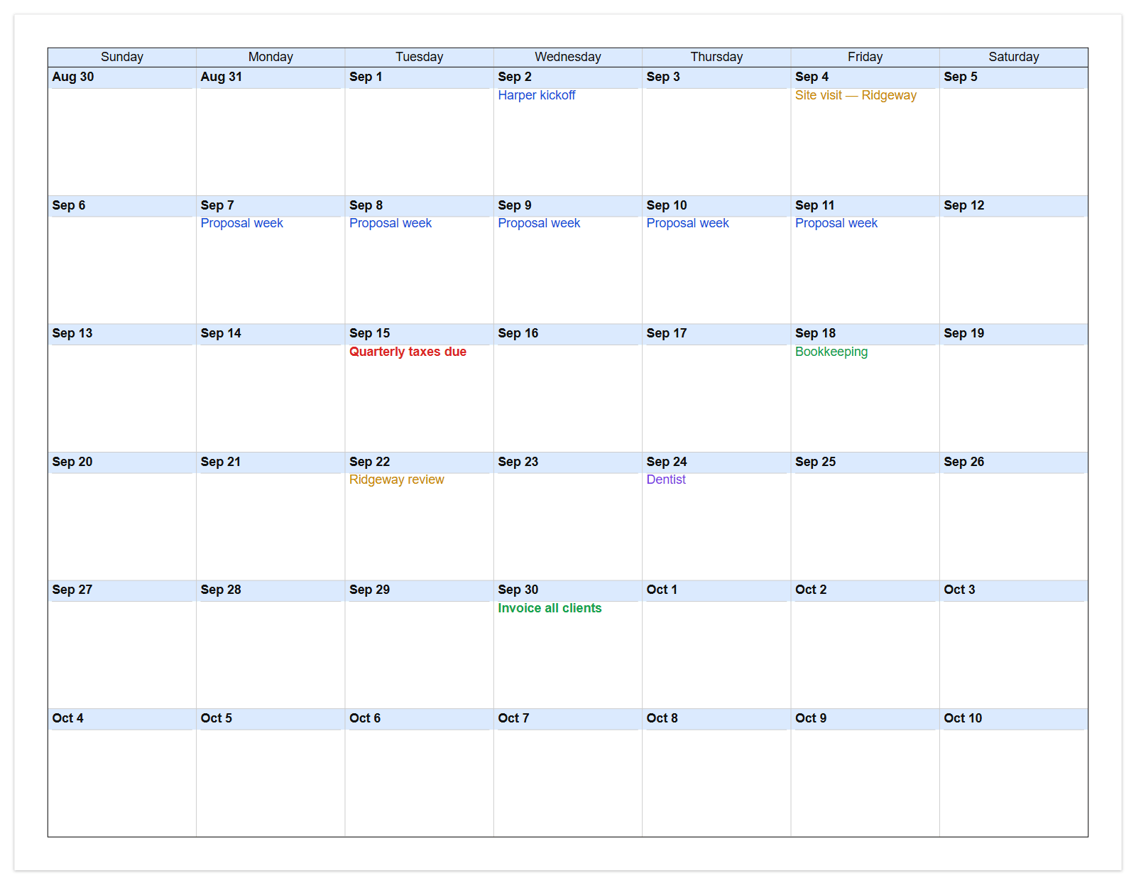 A monthly calendar grid for September with client meetings, a proposal week and a quarterly tax deadline