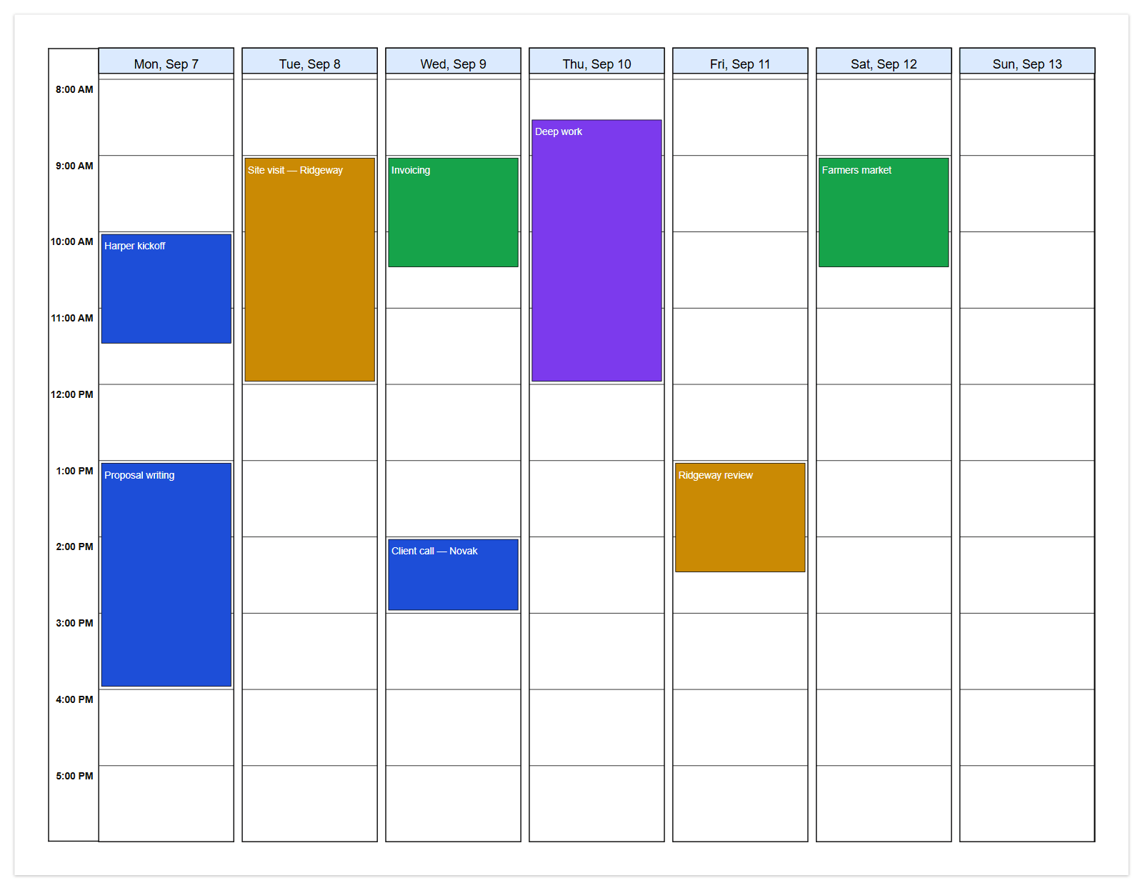 A weekly calendar showing seven days with colour-coded meetings and work blocks placed by time