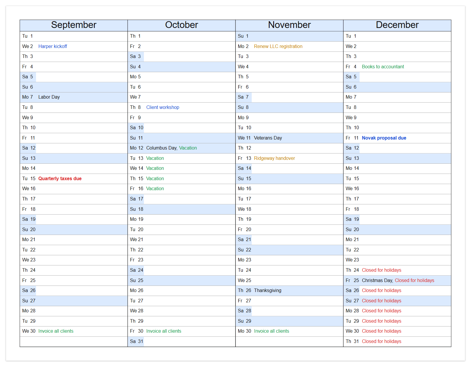 A yearly calendar printed with four months side by side, showing invoicing dates, a vacation block and US public holidays
