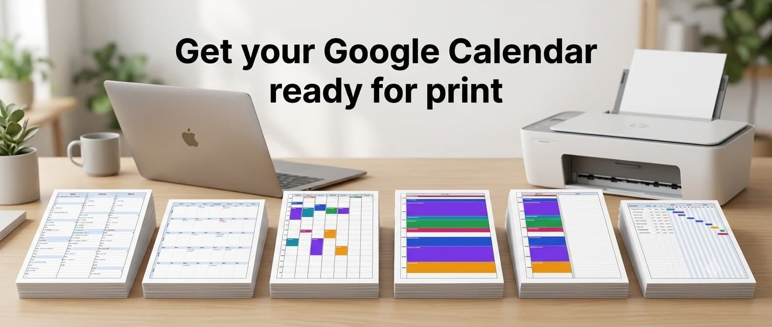 Six printed calendar layouts on a desk — yearly, monthly, weekly, daily, daily with notes and a Gantt chart