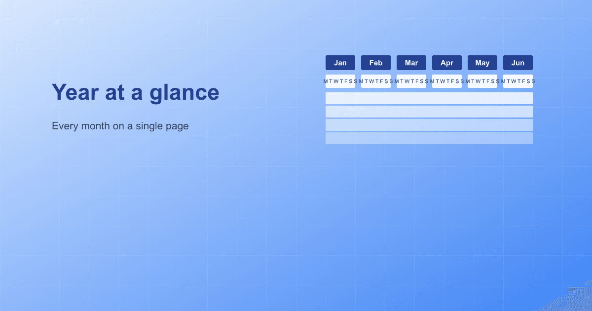 A year-at-a-glance calendar with every month side by side as a column of days
