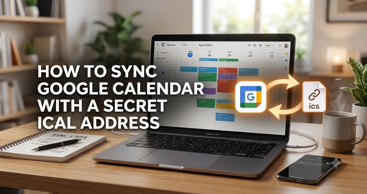A laptop showing Google Calendar on a desk, with sync arrows between the Google Calendar and iCal file icons