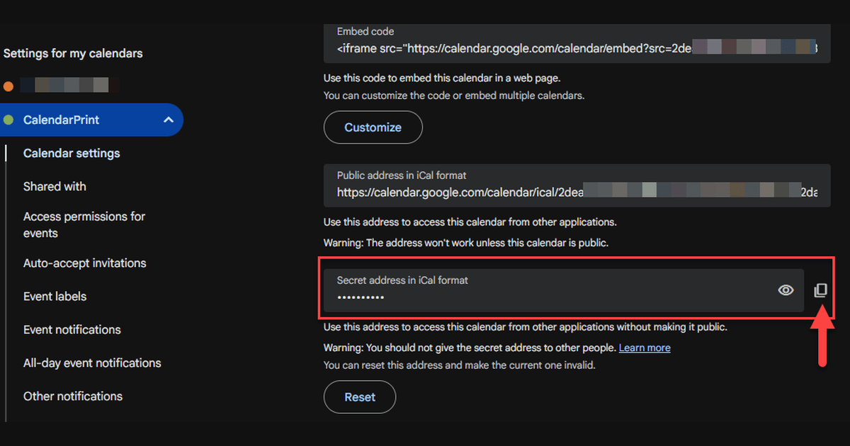 Google Calendar settings screen highlighting the Secret address in iCal format field